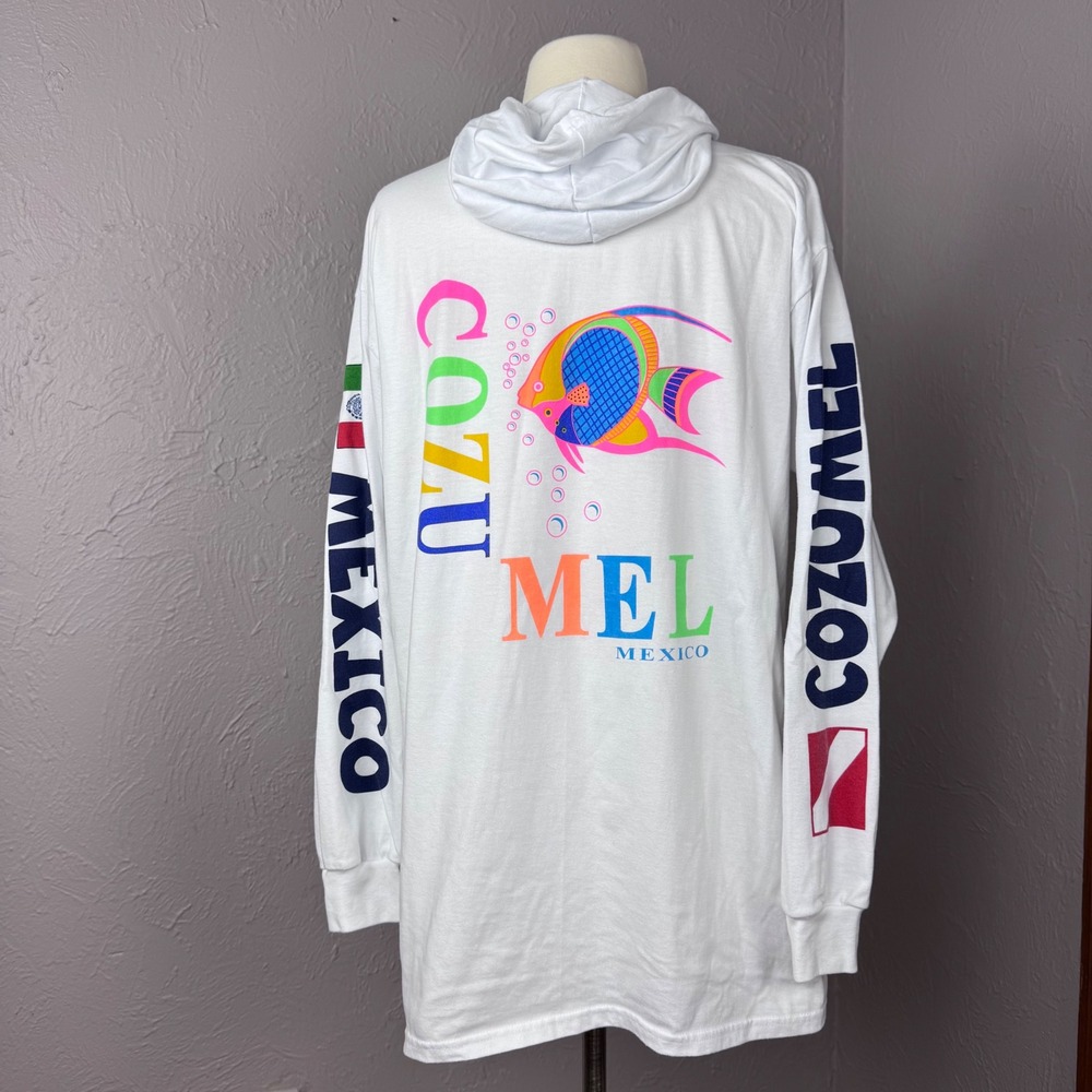 Vtg. 90s XL Cozumel Mexico, neon fish cotton t-shirt, long sleeve hoodie
